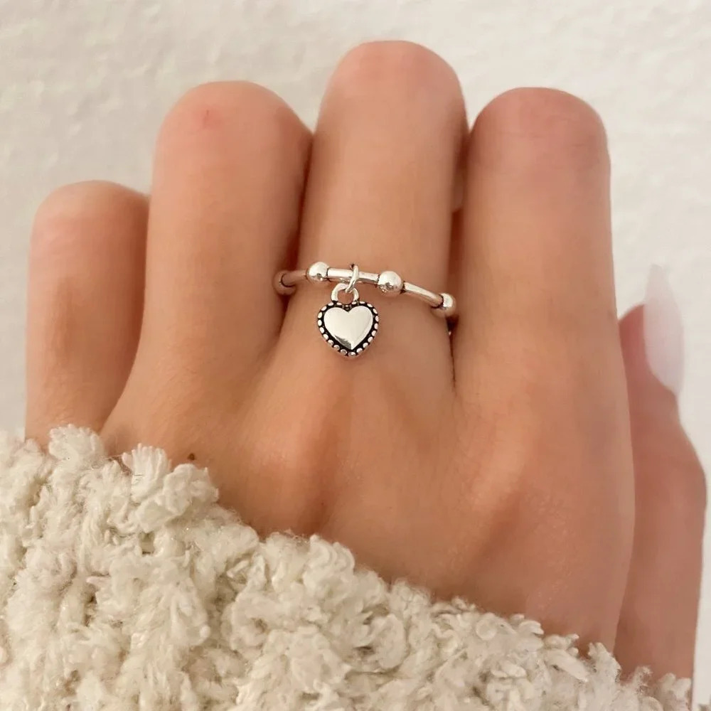 925 Sterling Silver Dangle Heart Ring Dainty Bead Ring Heart Charm Ring
